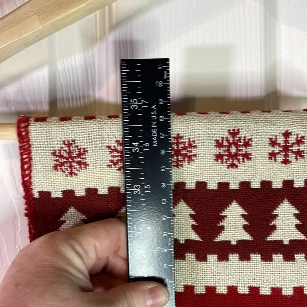 Maker’s Mark red / ivory holiday scarf with snowflakes trees & fringe trim